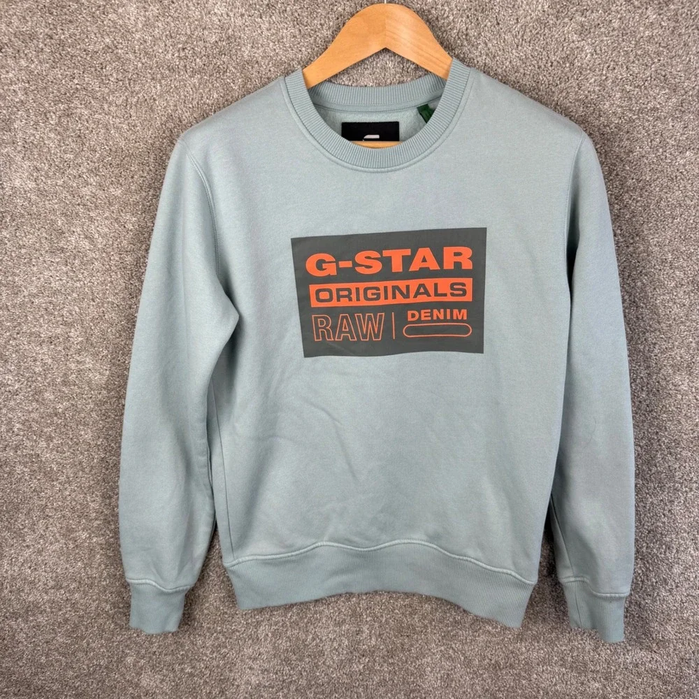 G-Star Raw Originals Mens XS Light Green Graphic Crewneck Sweatshirt Recycled